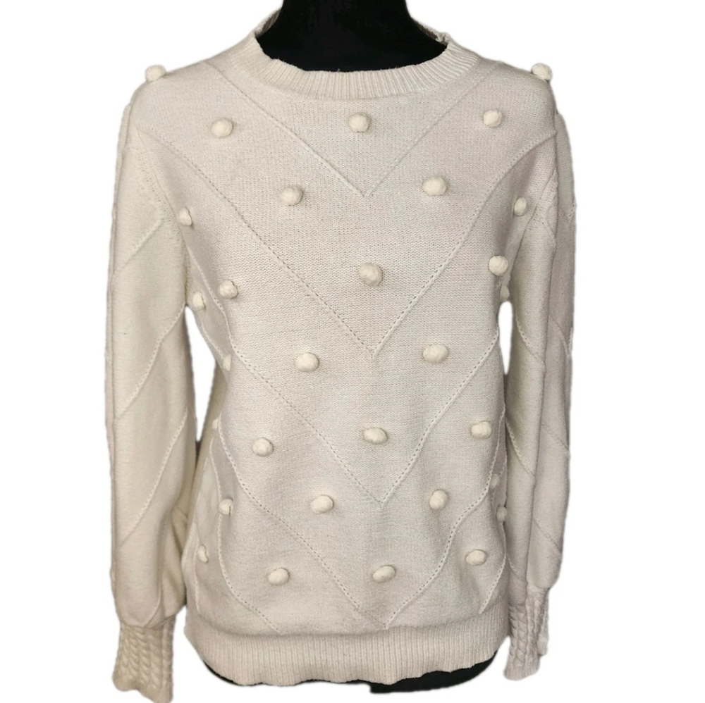 Simplee Women's L Ivory Pom Pom Knit Sweater Chic Textured Cozy Winter Pullover